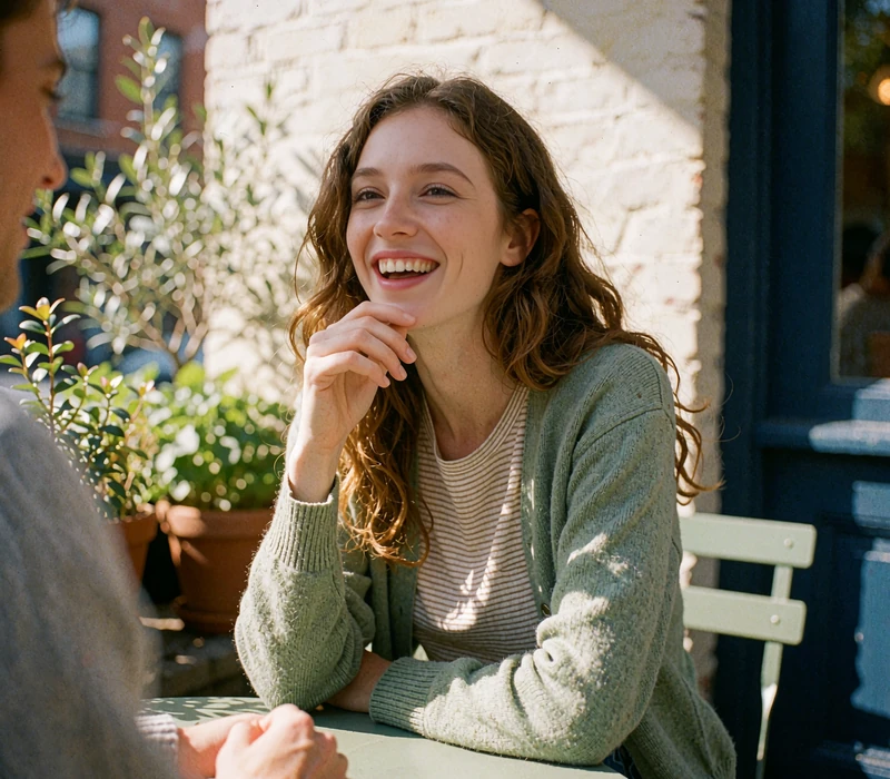 Woman with wavy chestnut hair laughing at an outdoor café table, showing easy conversation starters for dating