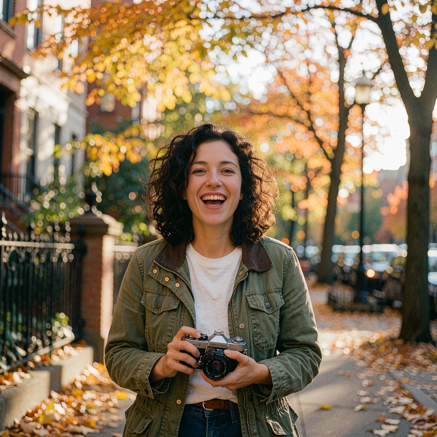 Laughing woman with curly dark hair holding a film camera on an autumn street, sample card of single women near me
