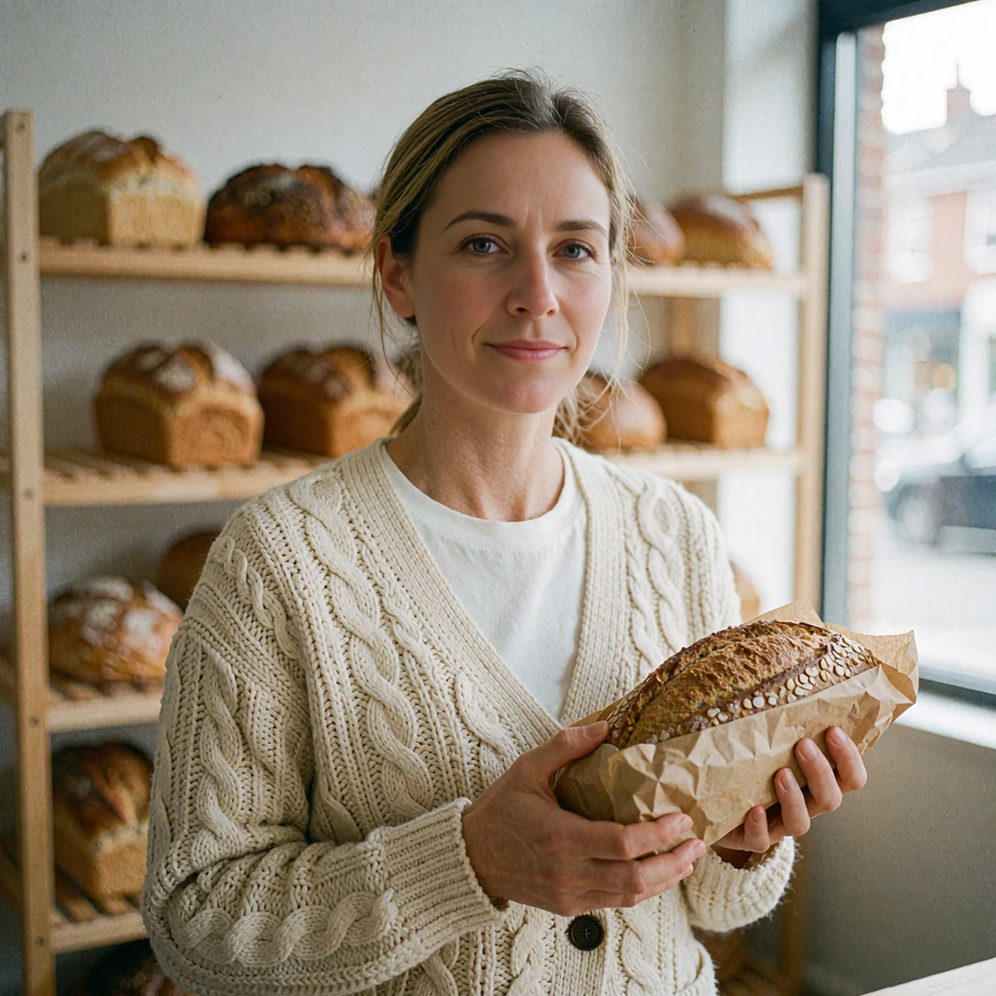 Woman in a cream cardigan holding a paper-wrapped loaf at a neighborhood bakery, picturing dating sites for serious relationships