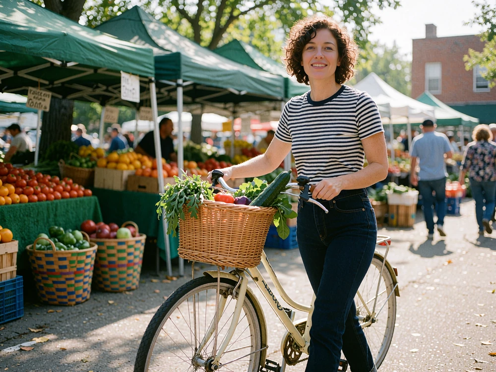 Woman with short curly hair walking a cream bicycle through a farmers market, a relaxed weekend photo idea for dating profiles