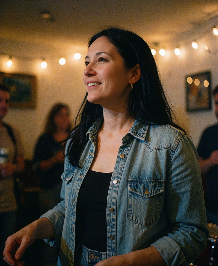 Woman in a denim shirt smiling toward the stage at a small live music venue, a fun first date idea for singles