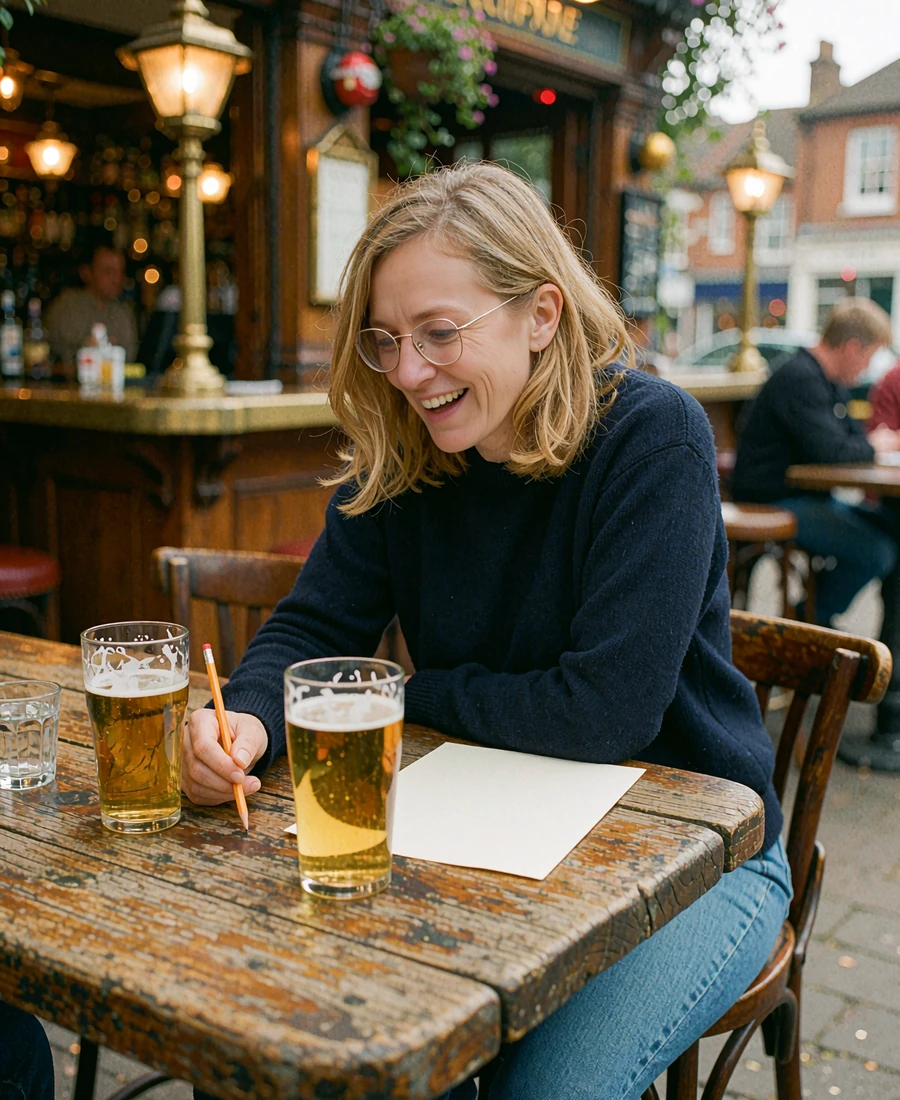 Laughing woman in glasses and a navy sweater holding a pencil at a pub trivia table, a playful first date idea