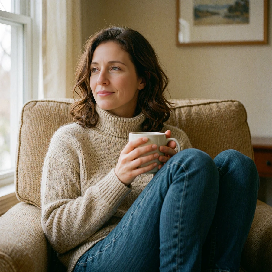 Smiling woman in an oatmeal knit sweater holding a coffee mug in an armchair, preview card on a calm dating site