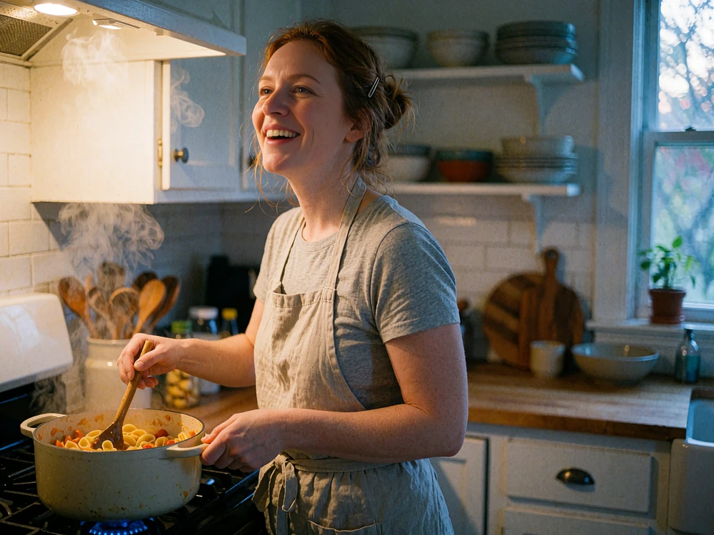 Woman with red-brown hair laughing at a home stove while stirring pasta, a candid photo idea for a free dating profile