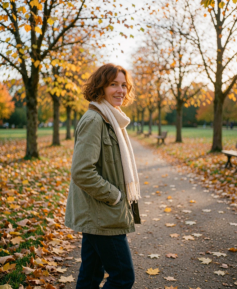 Woman with an auburn bob and olive jacket glancing back on a leaf-strewn park path, perfect for a free first date walk