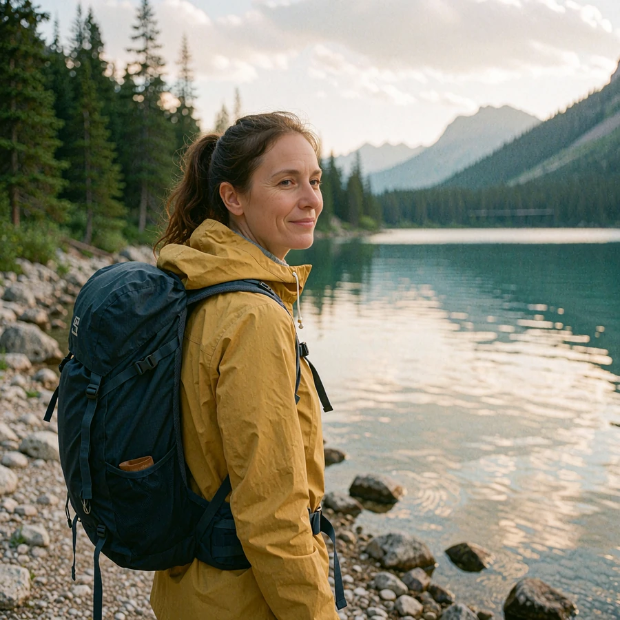 Woman with a ponytail and mustard rain jacket gazing over an alpine lake, sample profile of singles near me
