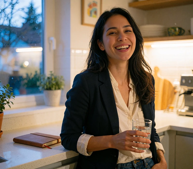 Woman in a navy blazer laughing in her kitchen after work, unwinding before checking local dating matches