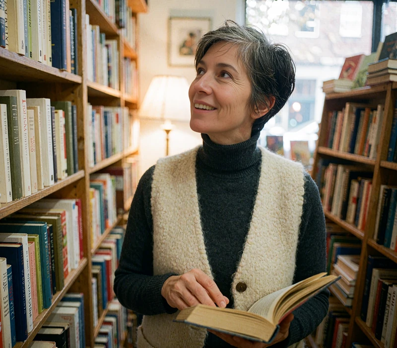 Woman with a silver-streaked pixie cut smiling over an open book in a bookstore aisle, a curious first date spot