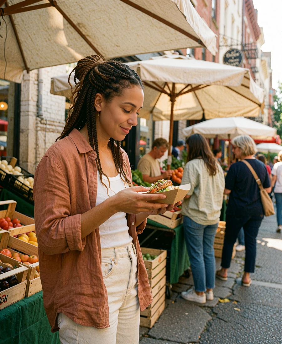 Woman with a braided bun holding a tray of street food at a weekend food market, an easy first date idea near you