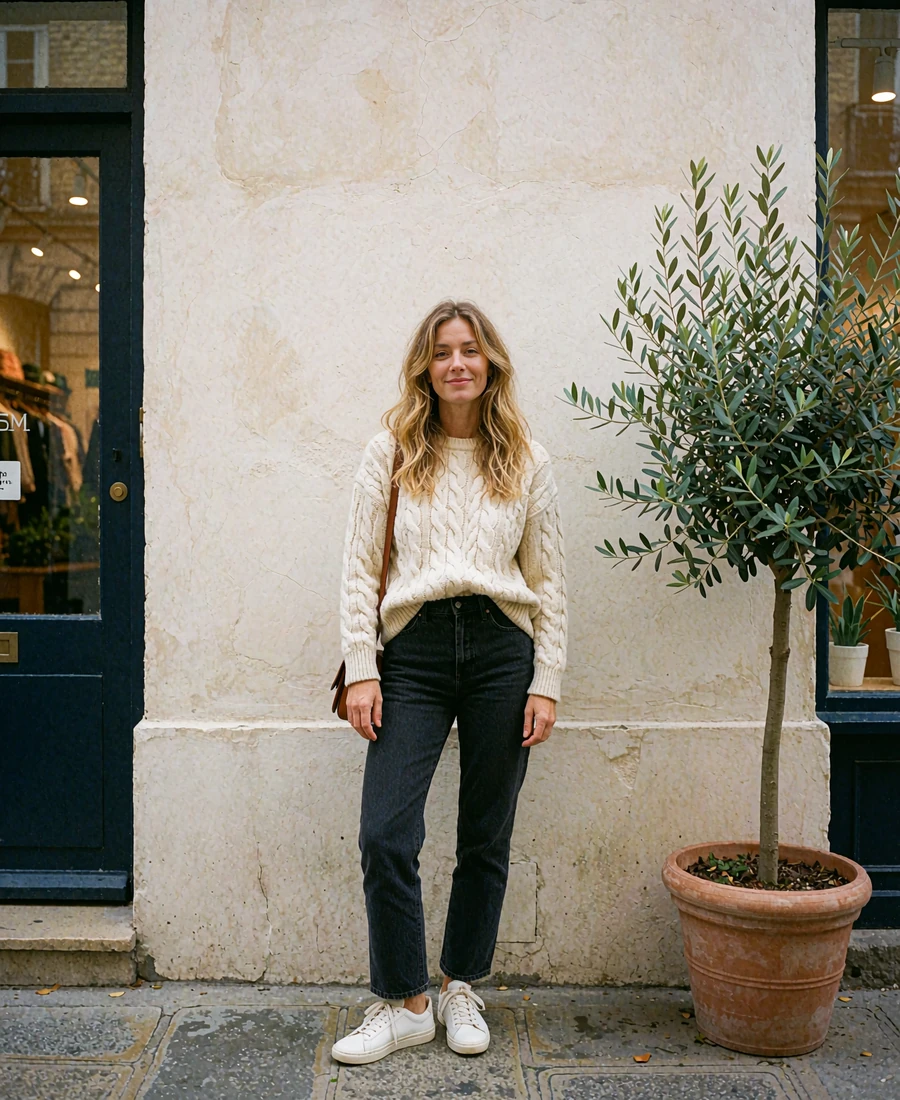 Woman in a cream sweater, dark jeans and white sneakers smiling by a plaster wall, a relaxed first date outfit idea