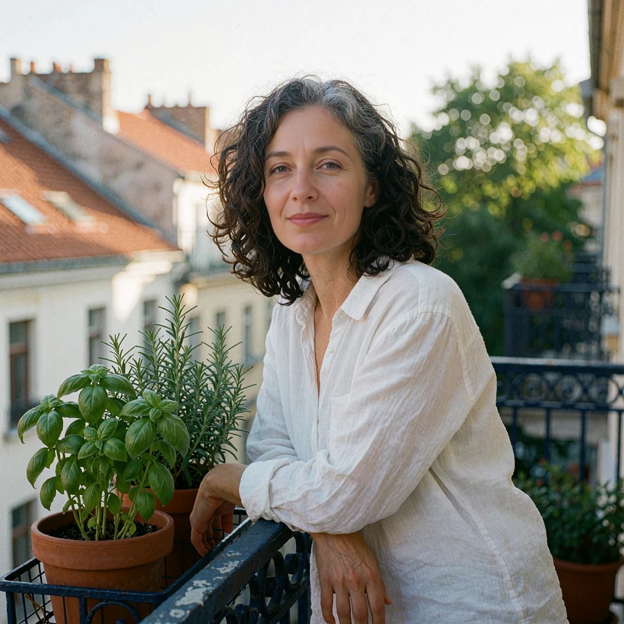 Woman with curly graying hair smiling on a city balcony beside herb pots, representing dating sites for over 40