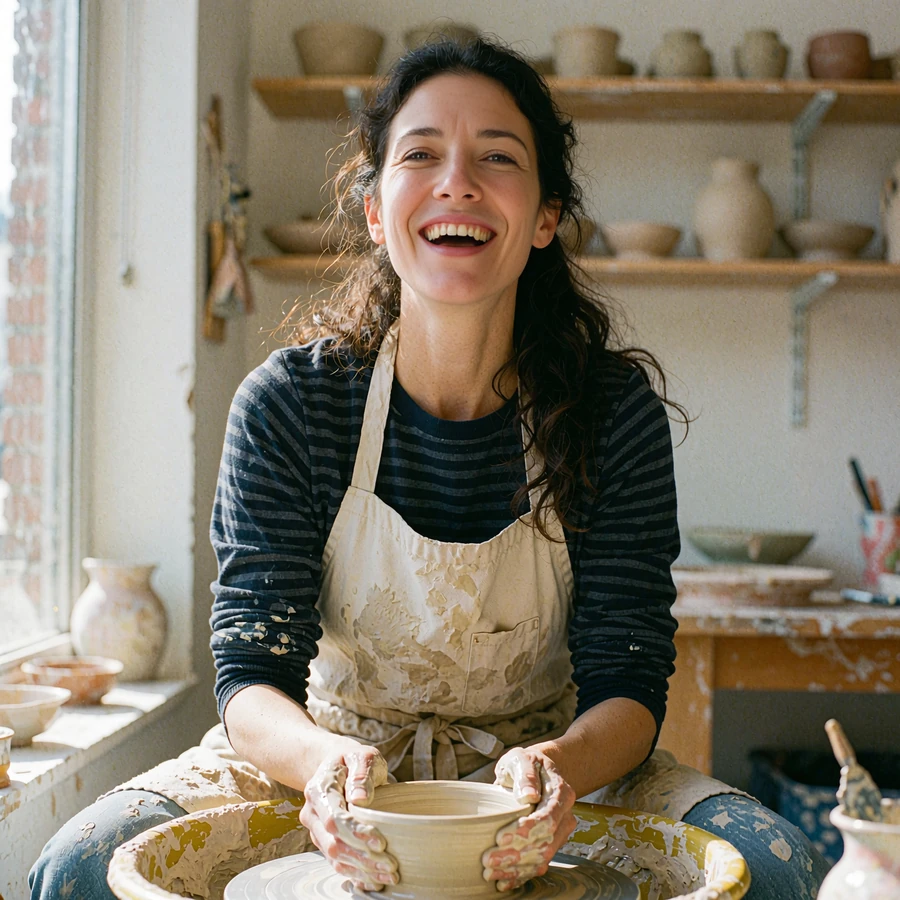 Woman laughing at a pottery wheel in a clay-dusted apron, a hobby photo idea for a genuine dating profile