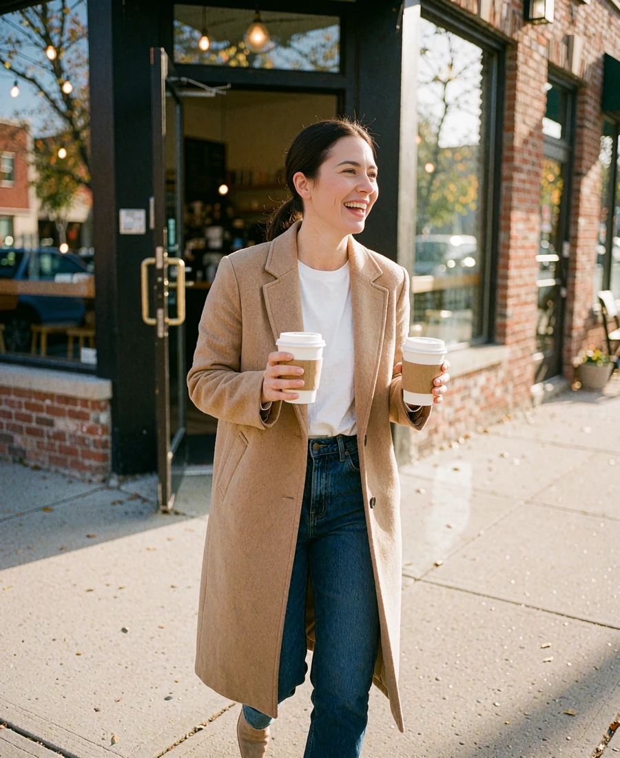 Woman in a camel coat laughing as she leaves a corner coffee shop with two to-go cups, a classic first date idea