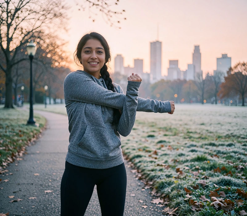 Woman in a gray hoodie stretching on a park path after a sunrise run, an active single open to local dates
