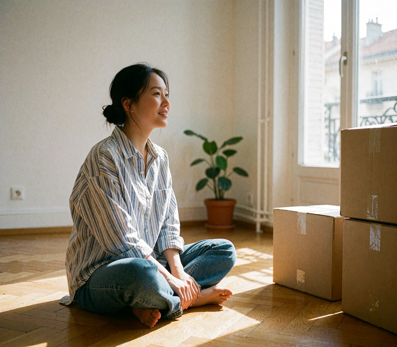 Woman sitting among moving boxes in a sunny new apartment, new in town and ready to meet singles nearby