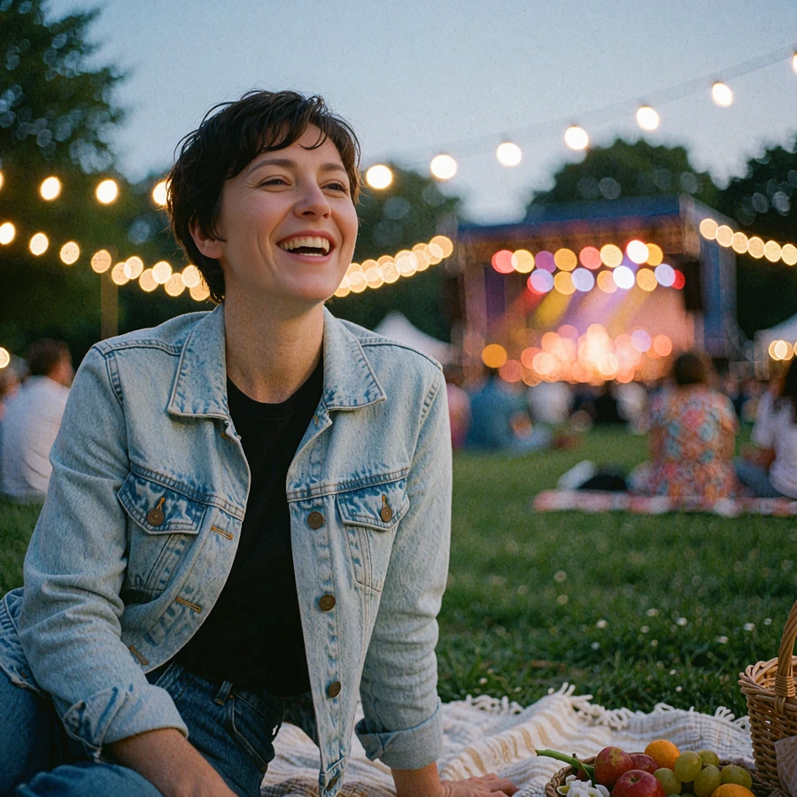 Laughing woman in a denim jacket on a picnic blanket at an evening park concert, a casual and low-pressure dating mood