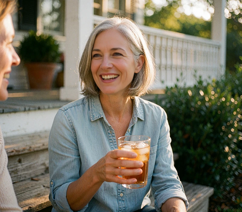 Woman with a silver-streaked bob laughing on porch steps with iced tea, back to dating after divorce