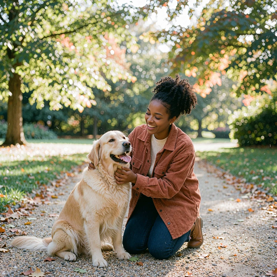Woman with natural curls laughing with her golden retriever on a park path, swipe preview of local singles