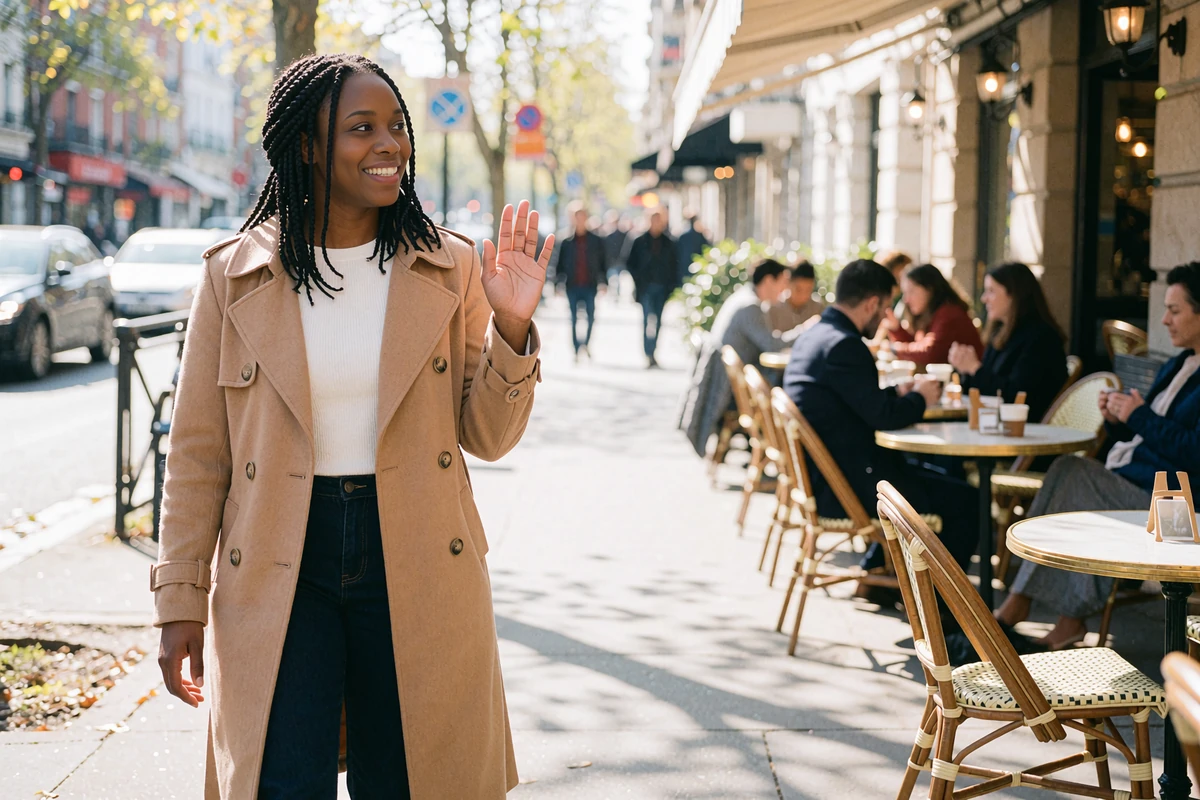 Woman in a camel trench coat waving as she walks toward a busy café terrace for a safe first date in public